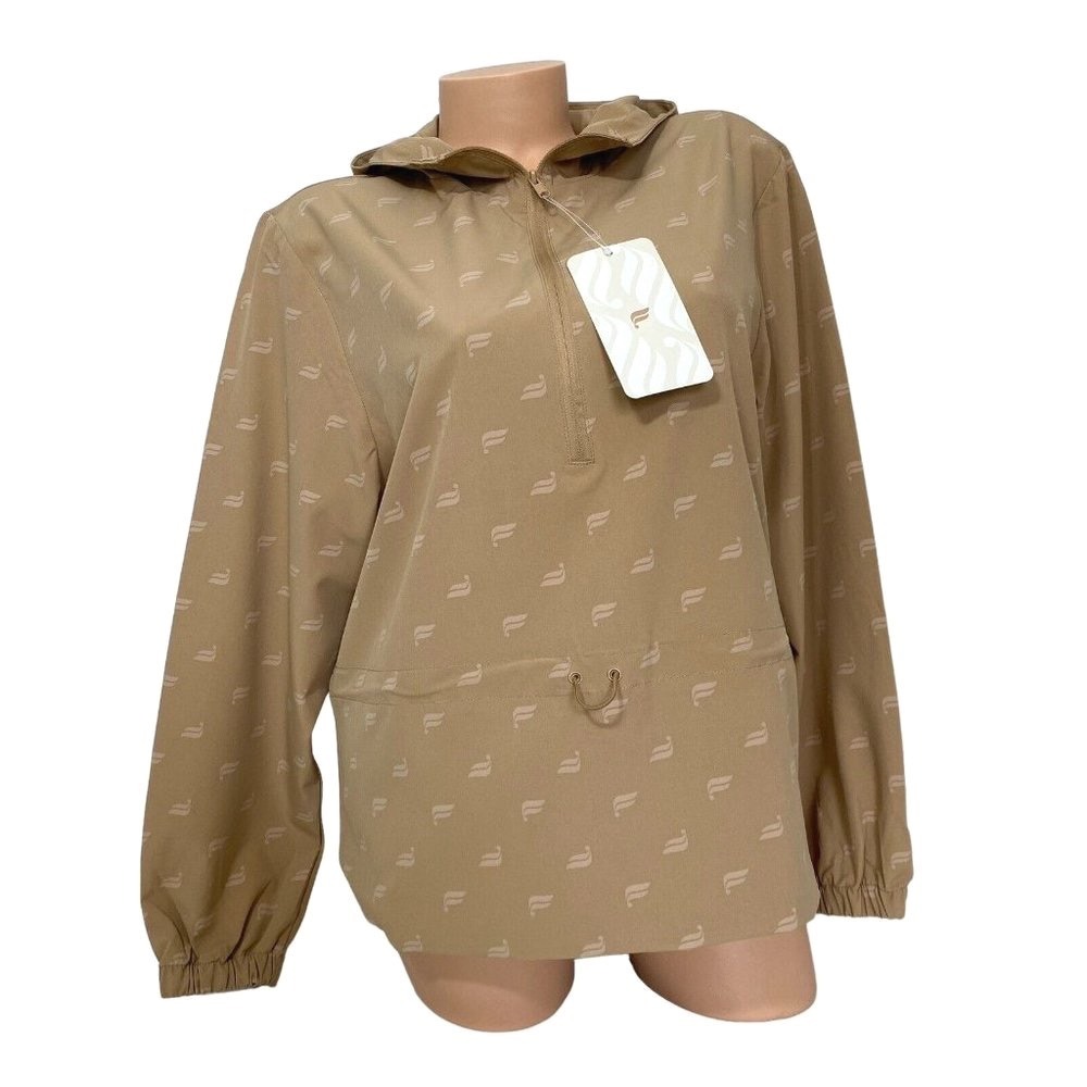 Fabletics Rosa Woven Jacket Tan Logo Monogram Half Zip Hooded Windbreaker Medium